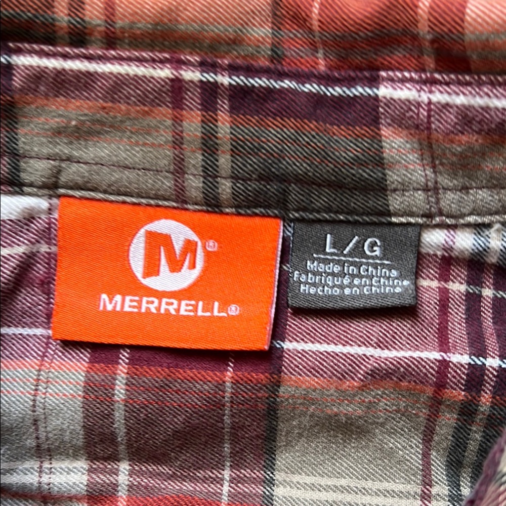 MERRELL Plaid Button Down 100% Cotton Women’s Large Burnt Orange Red Gray Pocket - Picture 5 of 11